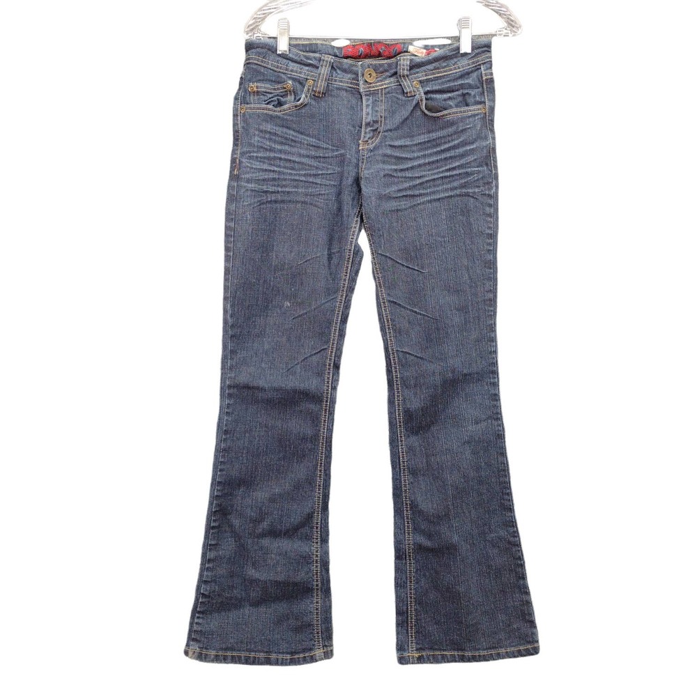 Womens Bongo Flirty Bootcut Jeans Size 7 Blue 14.5W 28.5 Inseam Decorated Pocket